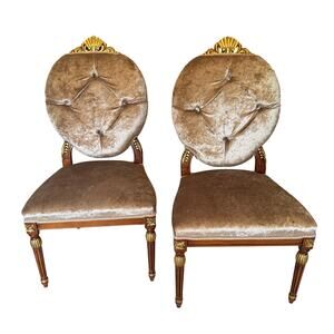 LOUIS XVI Round Dining Chairs – Gold Frame & Green Velvet Upholstery Set of Two